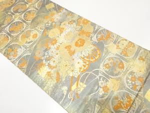 服部織物製　こはく錦　花車に格天井・花丸模様織り出し　袋帯